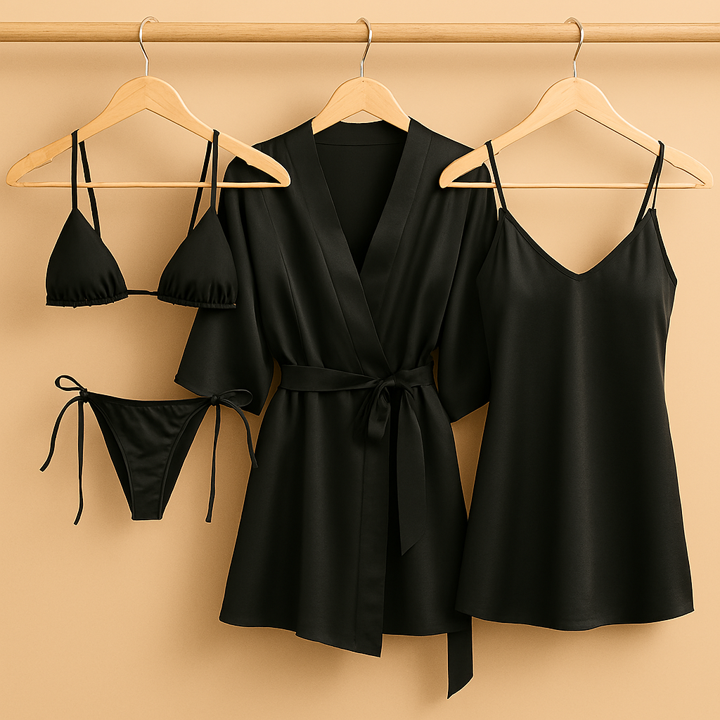 4 PCs-Style Satin Lingerie Set – Bikini, Slip Dress & Robe Combo – Free Size (Black)